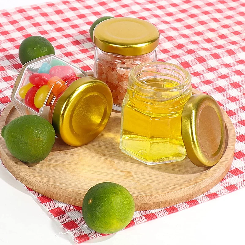 24pcs 1.5OZ 45ml Mini Hexagon Glass Jars With Gold /Silver/black Lids,for Jam,Honey,Candies, Spice Jam glass bottles storage jar