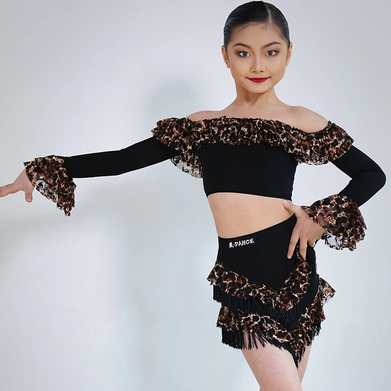 

Children'S Latin Dance Practice Clothes Long Sleeved Fringed Skirt Suit For Girls Chacha Rumba Tango Latin Dance Dress DQS12318