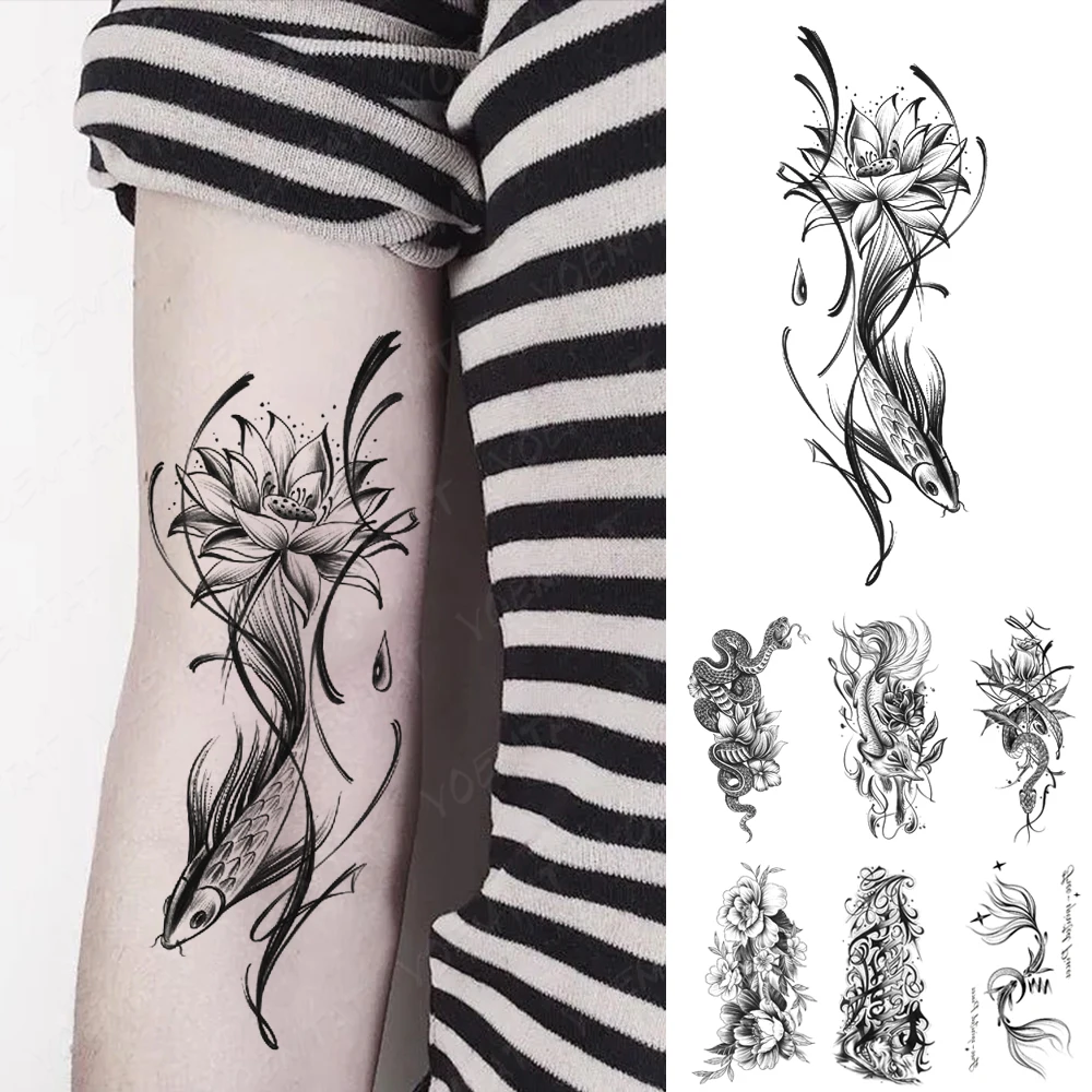 

Waterproof Temporary Tattoo Sticker Chinese Goldfish Carp Fish Lotus Fox Flower Women Arm Flash Tatoo Body Art Fake Tattoos Men