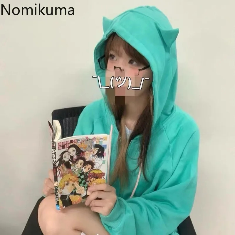 Damen Kapuzenpullover Mit Katzenohren - Y2K Style Mit Reißverschluss