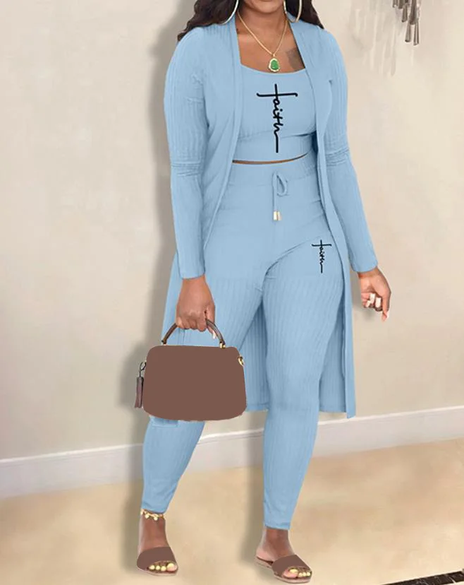 

3PC pants set for Woman Fashion Autumn Winter Daily Faith Print Cami Top Drawstring Pants Set with Long Sleeve Coat Female Suit