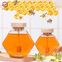Kitchen 100ML/220ML/380ML Hexagonal Glass Honey Bottle With Wooden Honey Pot Stirring Rod Sealing Clear Jam Jar Home Storage 1