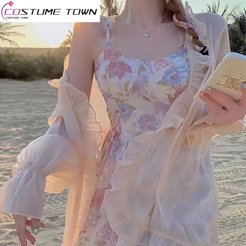 

Set Women's 2023 Summer New Sunscreen Cardigan Waist Wrapped French Sweet Style Fragmented Flower Strap Dress Two Piece Set