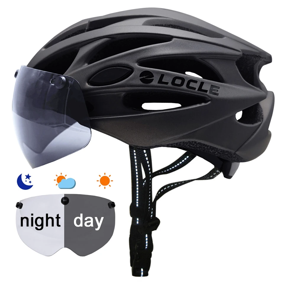

LOCLE Cycling Helmet With Magnetic Photochromic Lenses Road Mountain Bicycle Helmet In-mold Bike Helmet Magnetic Goggles Visor