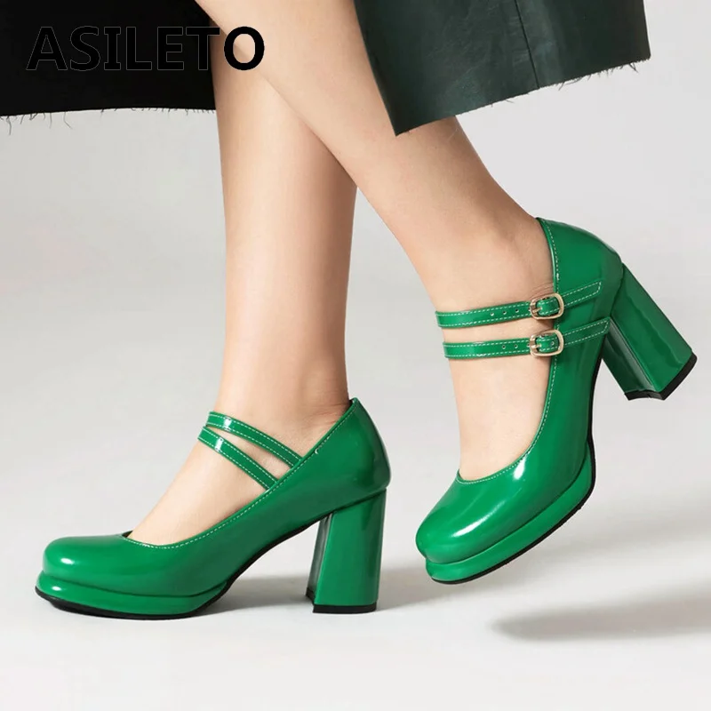 

ASILETO 2024 New Sweet Women Pumps Shoes Platform Round Toe 8cm Thick Square Heel Patent Leather Buckles Big Size 41 42 43 44