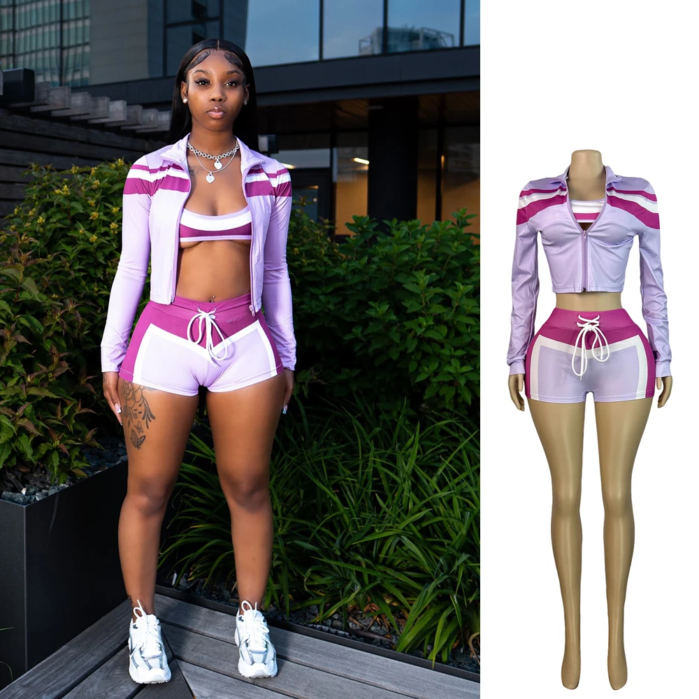 Women's 3-Piece Color Block Tracksuit Set - Sports Bra, Jacket, and Shorts