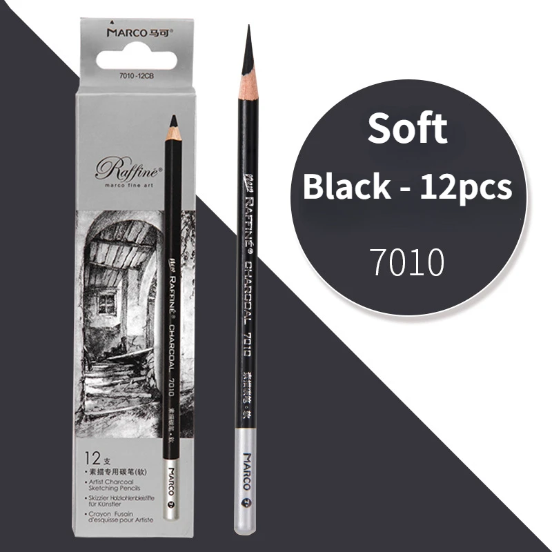 MARCO CHARCOAL SET : 12 PIECES, SOFT, MEDIUM, HARD BLACK, WHITE