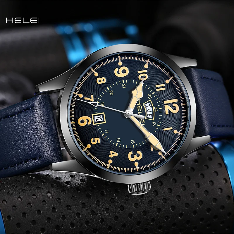 HELEI premium leather strap watch, dual calendar multifunctional waterproof men's watch, fashionable and casual men's watch