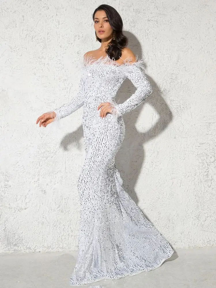 

Romagic Off Shoulder With Feathers Long Sleeves Wedding Party Dress Long Women Sequin Stretch Celebrity Evening Prom Gown 2024