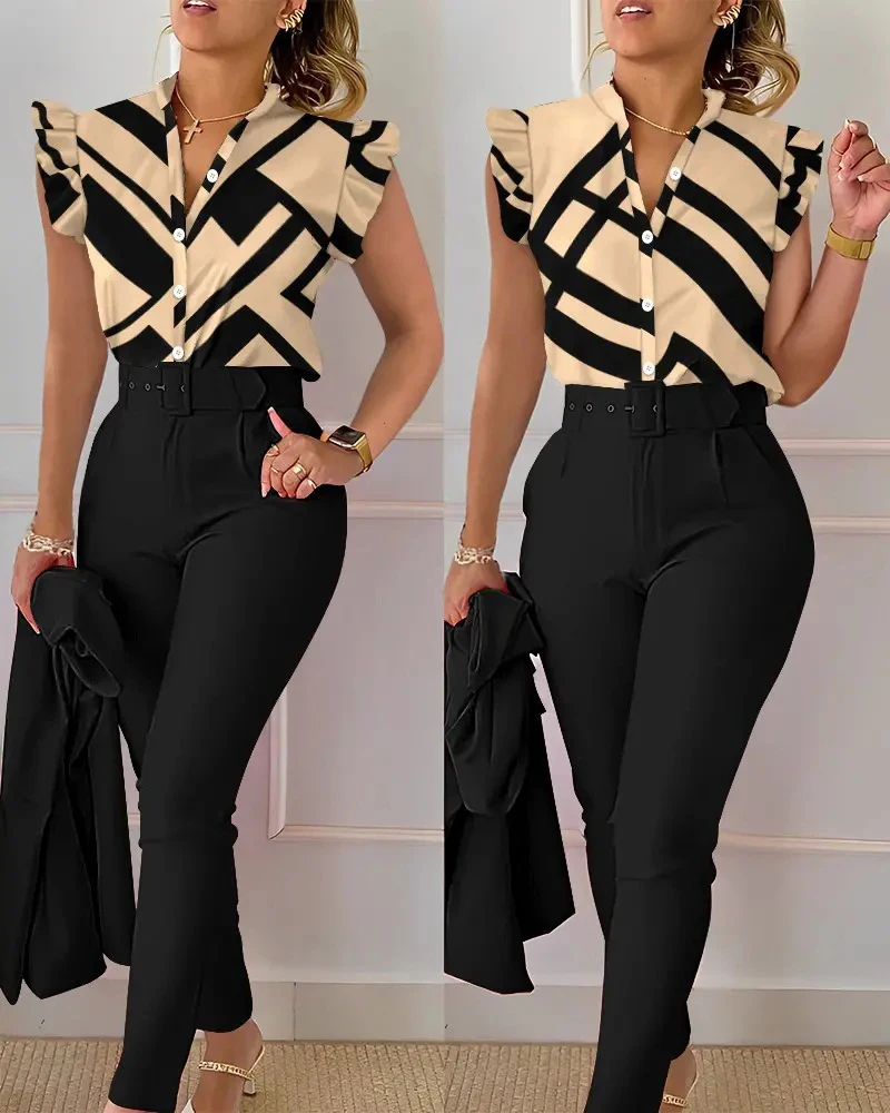 Summer Fashion Print 2 Piece Set Women Casual Button Flying Sleeve Shirt Pants Suits Female V-Neck Top High Waist Pants Outifits