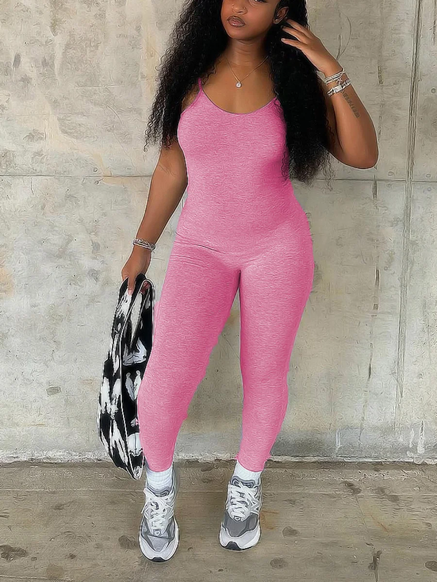 Mono ajustado con tirantes finos y escote en U, sin mangas, liso, ajustado, elástico, sencillo, mono largo para mujer.