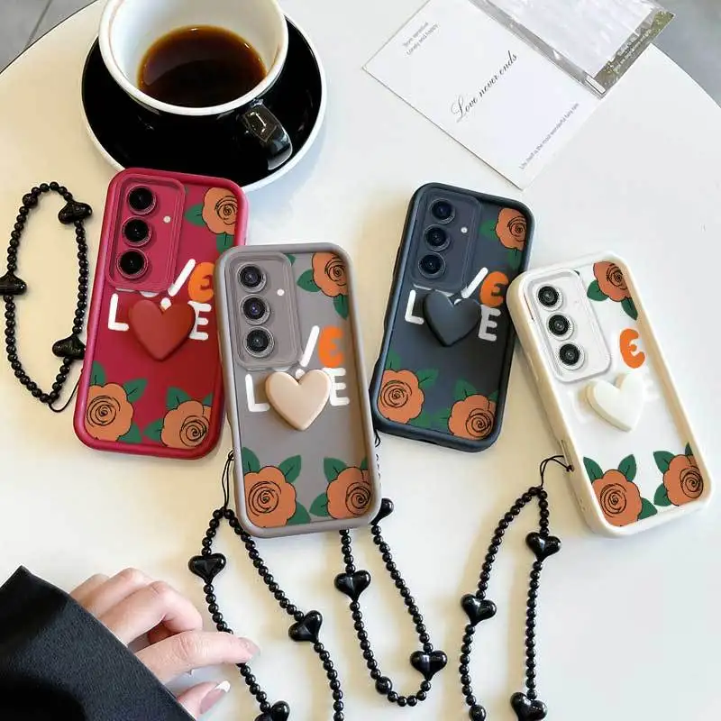 3 pezzi (custodia per telefono con motivo rosa a cartone animato + cordino + decorazioni artigianali) adatte per custodia per telefono Galaxy A14 4G/A15/A12/A14 - immagine 5