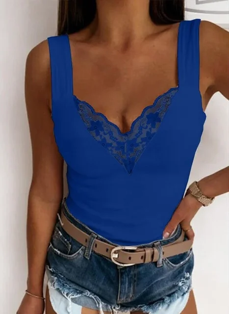 Camicie sexy senza maniche in pizzo tinta unita casual con scollo a V moda estiva da donna Top slim 6