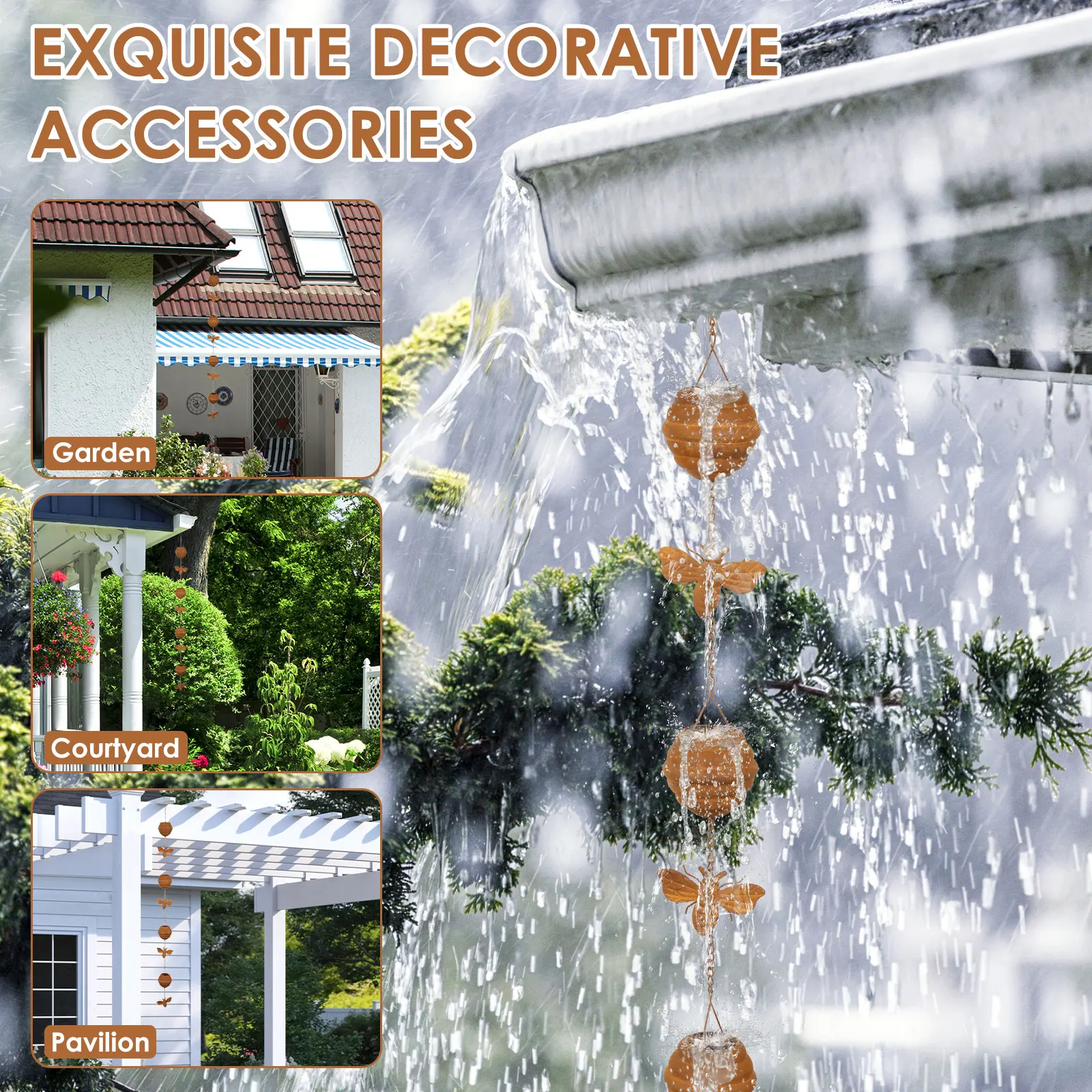 Metal Rain Chain Decorative Rainwater Diverter with Hook Exquisite & Retro Appearance Rain Cup Chime for Garden Patio Courtyard