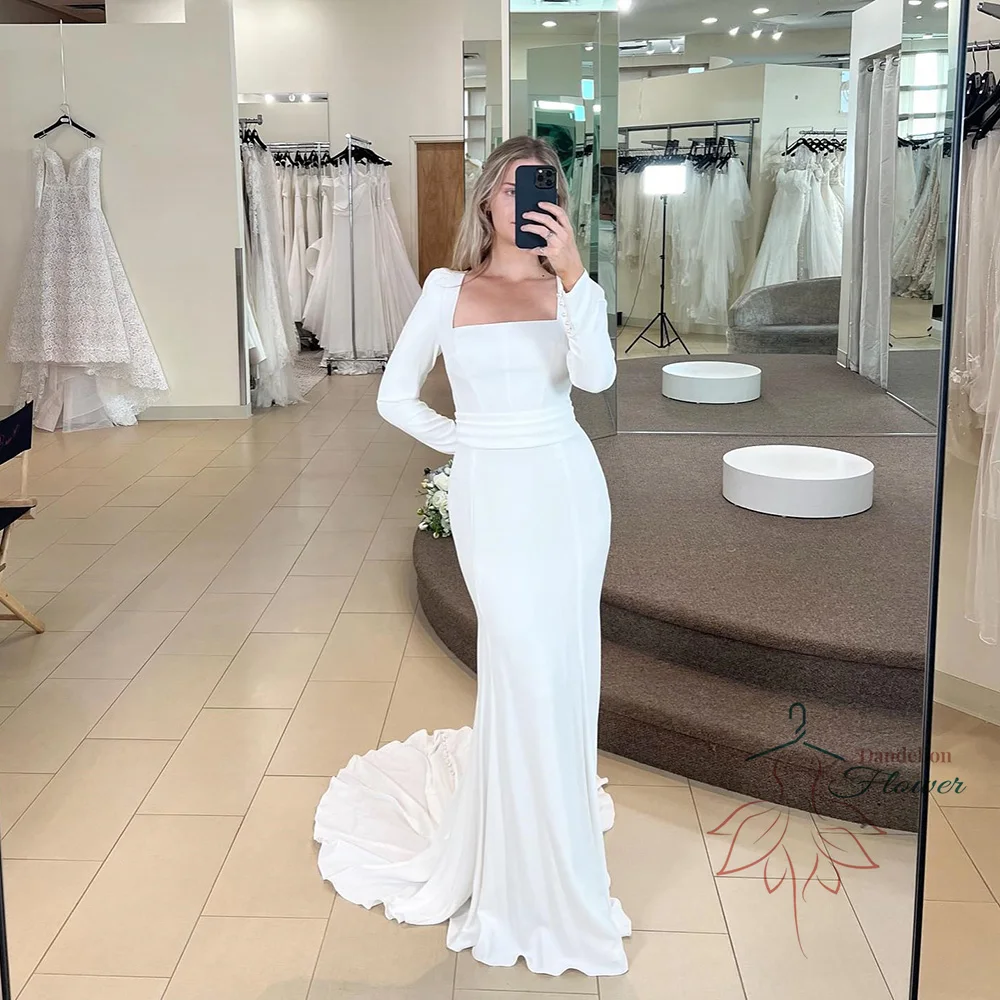 

Elegant Wedding Dress For Bride 2023 Square Collar Full Sleeves Bride Gowns Simple Jersey Mermaid Sweep Train Vestido De Noiva