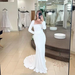 Elegant Wedding Dress For Bride 2023 Square Collar Full Sleeves Bride Gowns Simple Jersey Mermaid Sweep Train Vestido De Noiva