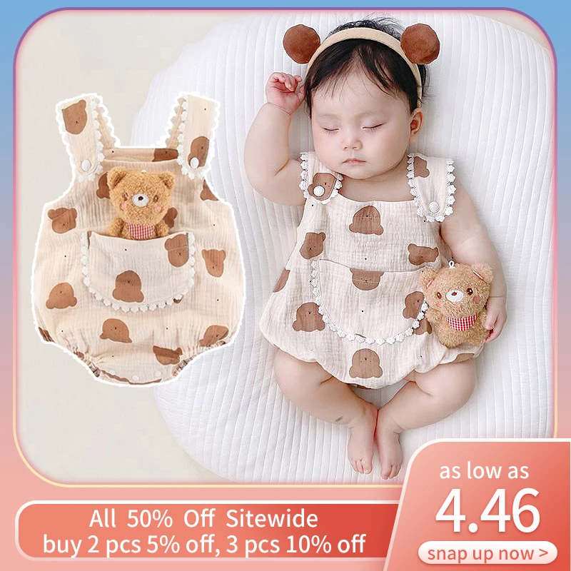 Baby Romper+Bear Doll Sets Summer Infant Clothes Cartoon Print Toddler Jumpsuit Girl Boy Newborn One Piece Outfit 아기여름옷바디슈트한조각
