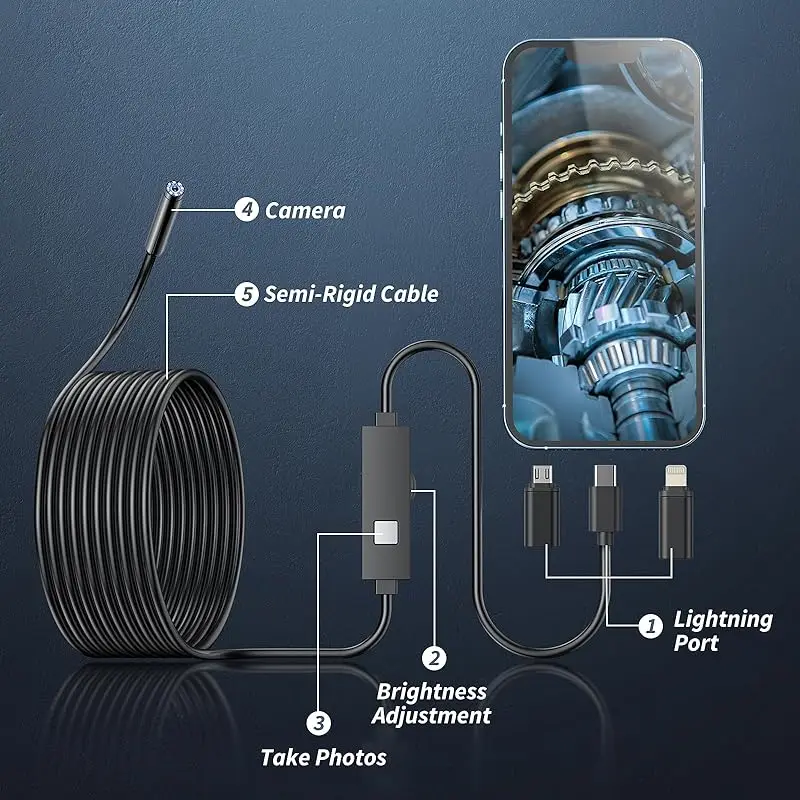 1920P HD Endoscope Camera Semi-Rigid Snake Borescope 8mm with 8Light Car Inspection Borescope IP67 Waterproof for iOS Android 4