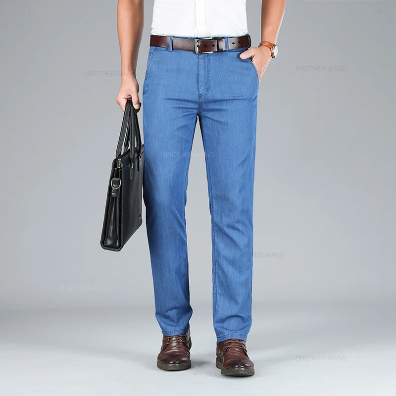 

Summer Ultra-thin Men's Lyocell Jeans Classic High-waist Business Straight Drape No-iron Denim Trousers Brand Male Pants