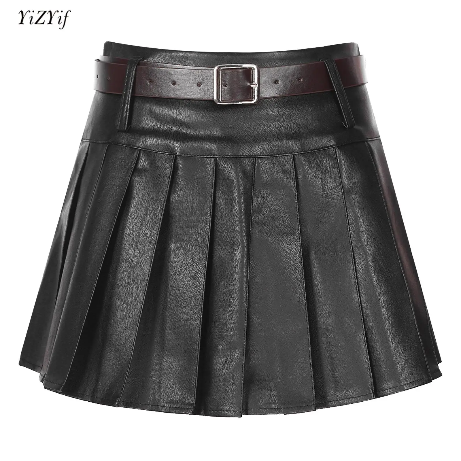 Womens Faux Leather Pleated Skirt Fashion Clubwear High Waist Built-in Shorts Skirts with Adjustable Belt Party Street Dancewear