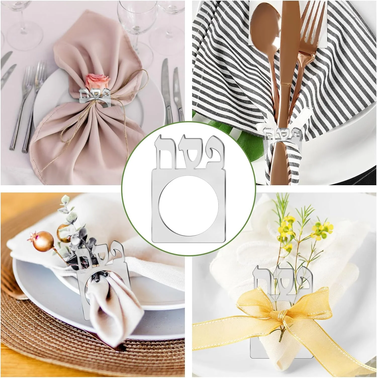 12pcs Pesach Seder Acrylic Napkin Rings ,Mirrored Napkin Holders Acrylic Serviette Holder for Jewish Passover Table Deco
