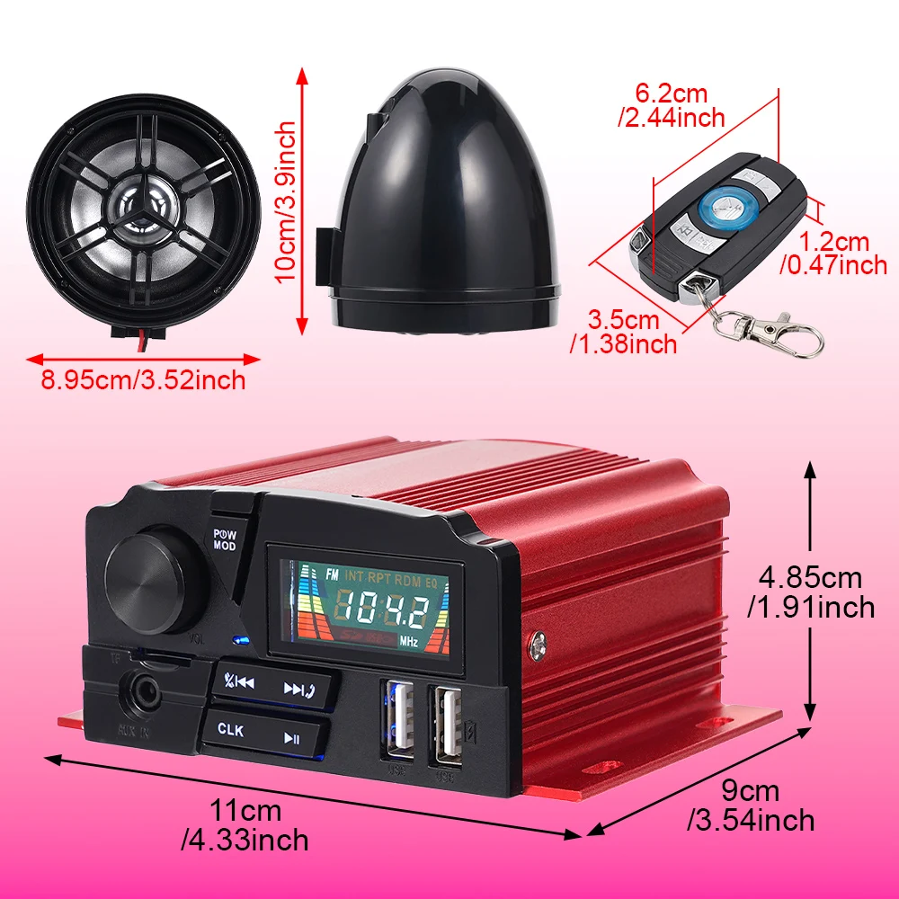 1세트 오토바이 블루투스 스테레오 키트 12V 100W 4채널 4 스피커 LCD 컬러 스크린 듀얼 리모컨 USB TF AUX 핸즈프리 통화 도난 방지