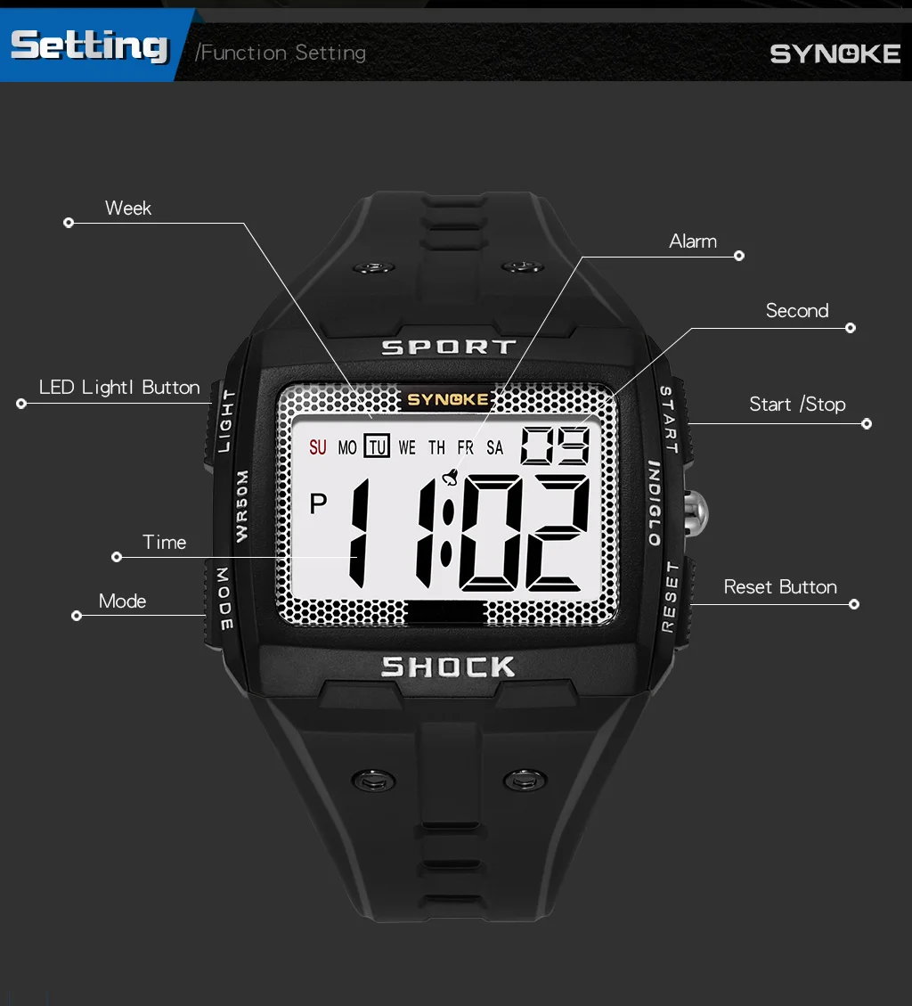 Digital Wristwatch Men's Sports Electronic Watch Waterproof Luminous Large Screen Watch Fashion Casual Students Wristwatch 5