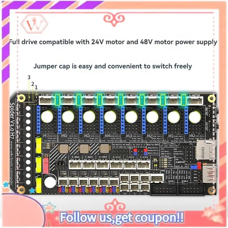 Upgraded Spider V3.0 H7 32 Bit Motherboard Drive 24V/48V Optional Power Supply Board 8 Axis TMC5160T TMC2209 Drive For Voron