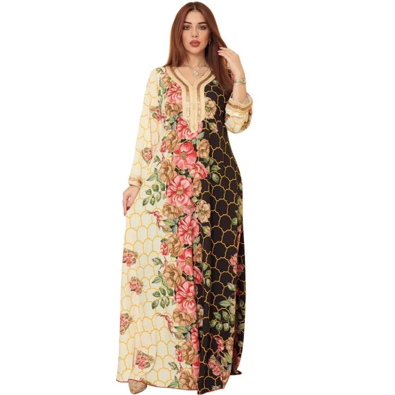 Large Swing Ethnic Style Lace Rhinestone Long Sleeve Loose Abaya Positioning Printing Muslim robe  abaya dress  long dress
