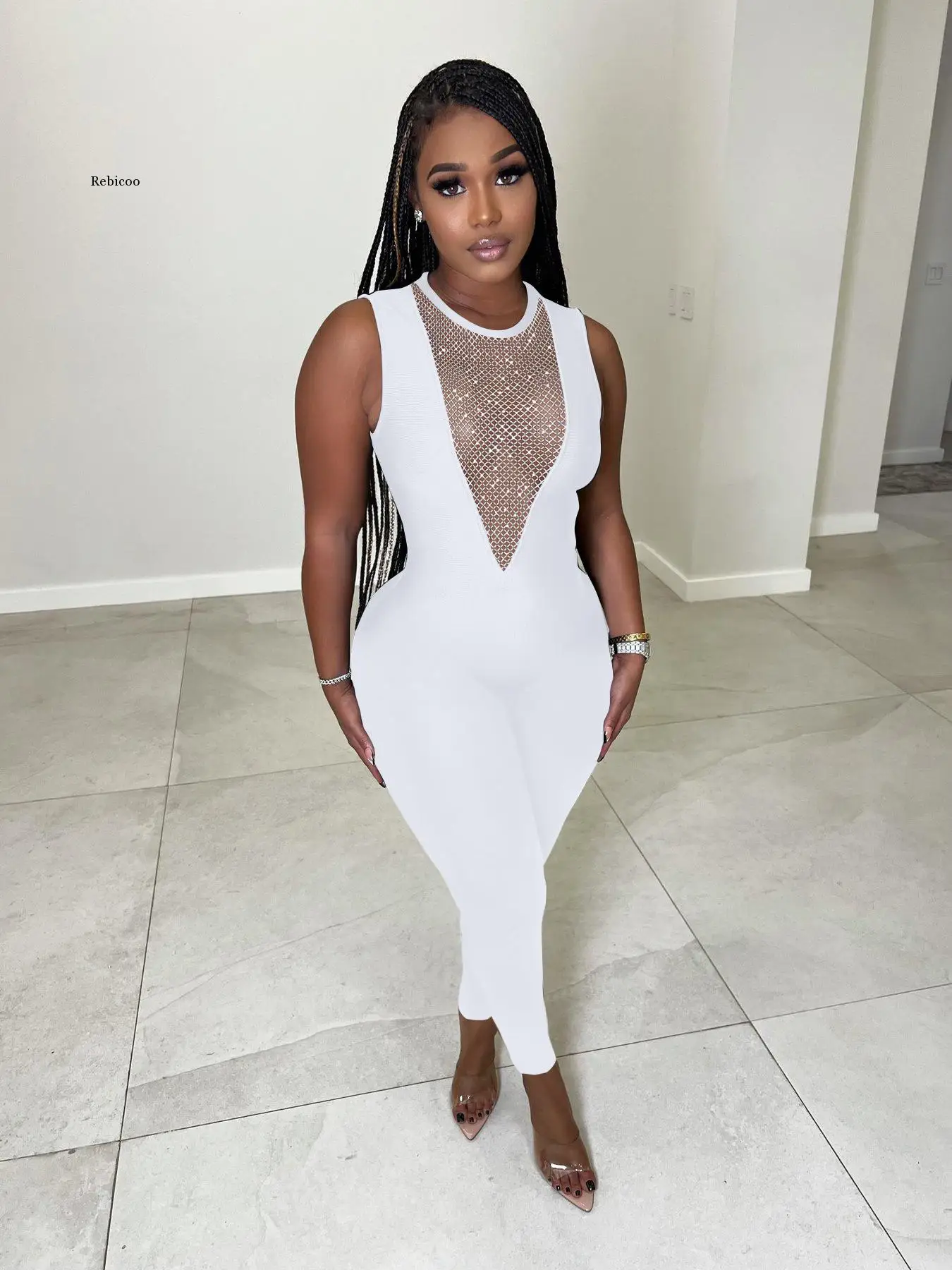 

2022 Летний комбинезон высокого качества, новый дизайн, однотонные облегающие прозрачные сексуальные праздничные комбинезоны со стразами