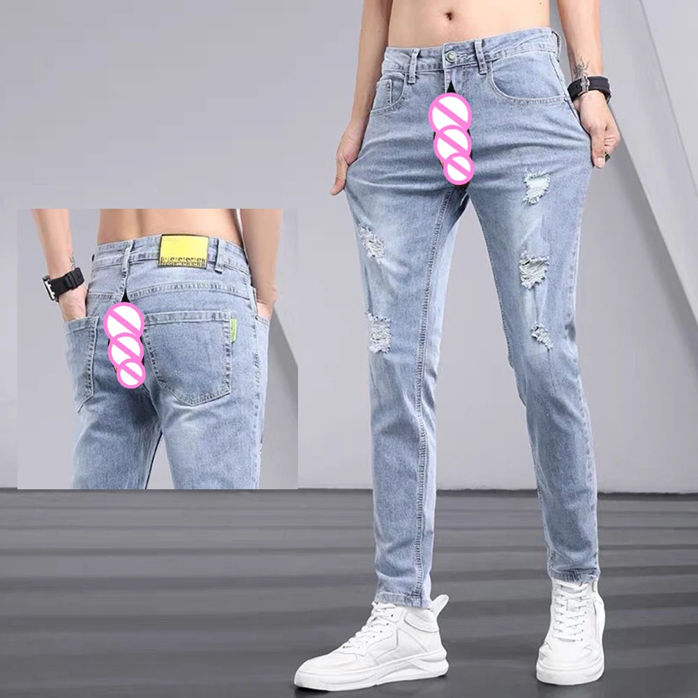 Fashion Youth Invisible Open Crotch Outdoor Sex Jeans Men Ripped Stretch Casual Pants Exoticism Slim Pencil Trousers Trend 2
