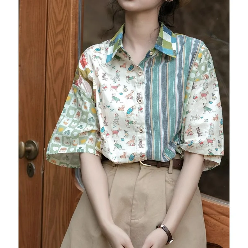 2023 New Summer Loose Fitting and Slimming Casual Fashion Retro Hong Kong Style Printed Panel Design Sense Niche Women's Shirt