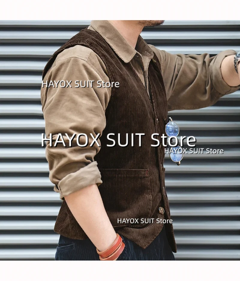 Men's Suit Vest Slim Fit Single Breasted V-Neck Corduroy Fashion Vintage Sleeveless Jackets Wedding Street Shoot Chalecos 3