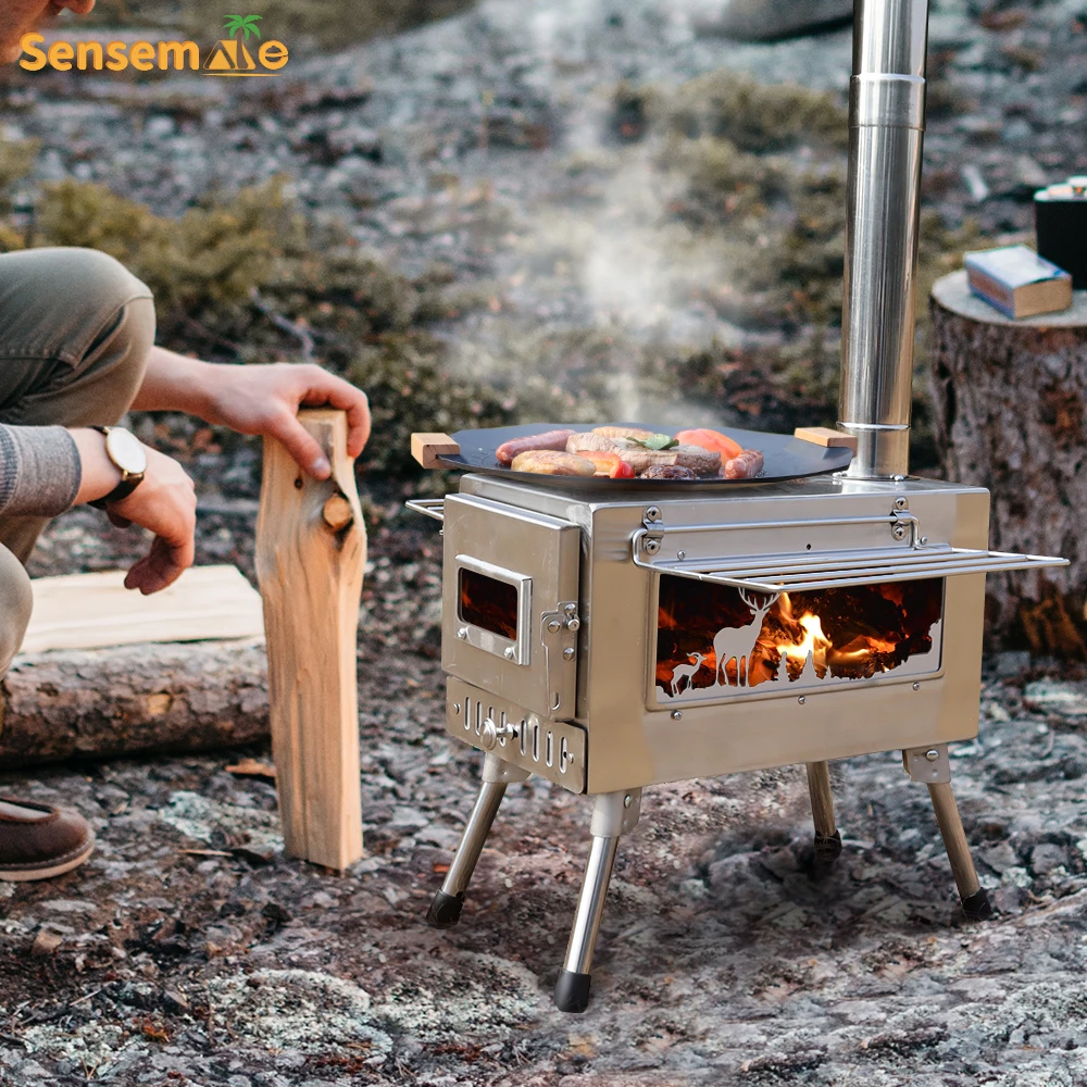 Outdoor Heating Stove Large Portable Fire Wood Stove 304 Stainless Steel Window Pipe For Tent Heater Cot Camping Ice-fishing Cooking Outdoor BBQ