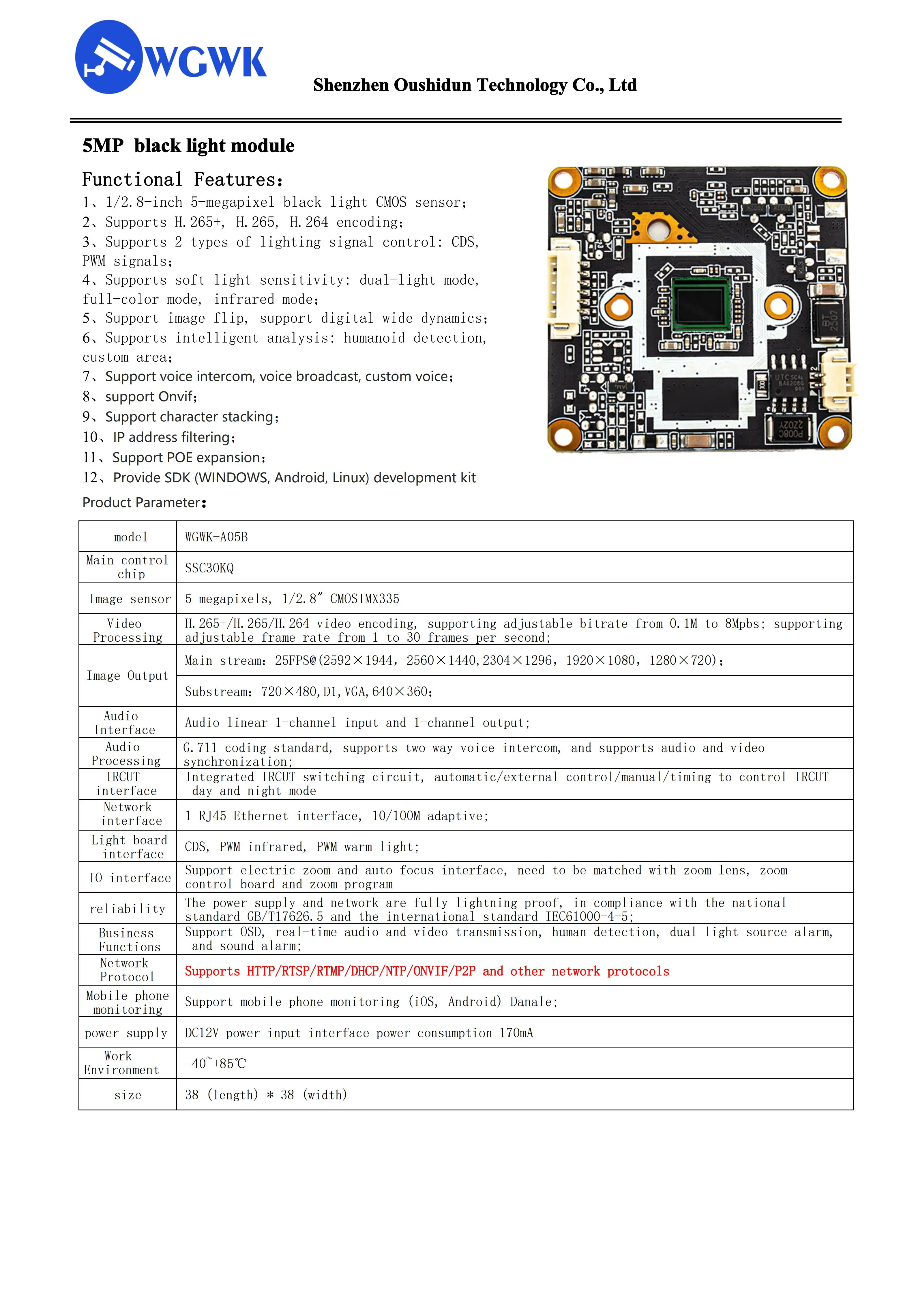 RTMP IP Camera Module 5MP 30FPS IMX335 CMOS With No Distortion Lens Provide SDK