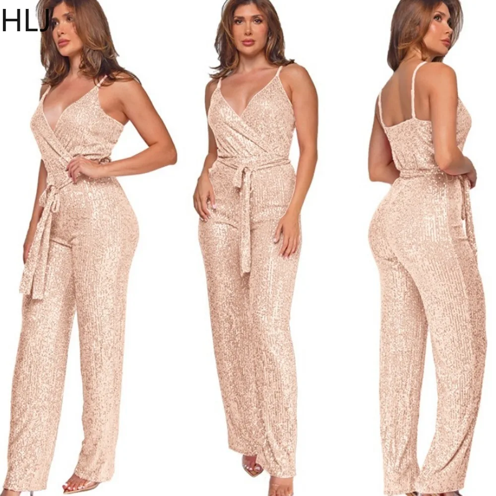 HLJ Fashion V Neck Sequin Lace Up Party Club Jumpsuits Women Sleeveless Backless Bandage Straight Pants Playsuits Spring Overall