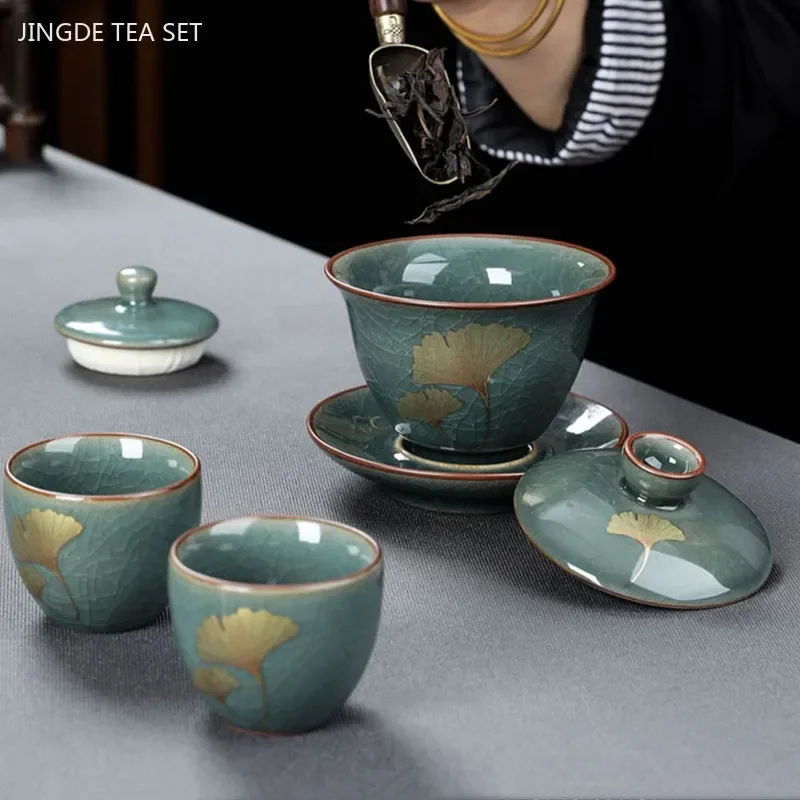 High-grade Retro Ceramics Tea Pot Chinese Tea Set Gaiwan Customized Ice Crack Glaze Teapot Exquisite Handmade Home Drinkware