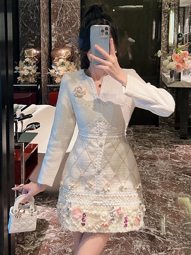 

Elegant Graceful Tweed A-line Dress for Women 2024 Spring New French Beaded Flower Long Sleeve Slim Dress High End Mini Dress