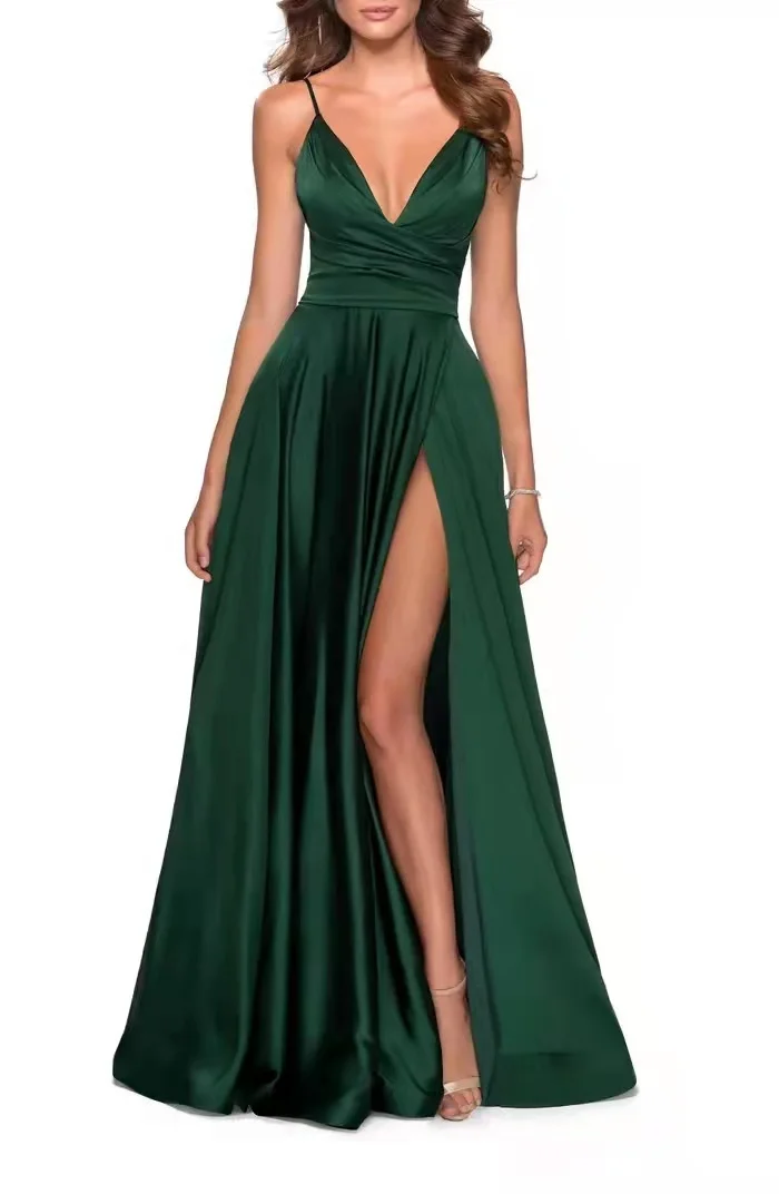 Deep V Neck Evening Dresses Long Spaghetti Straps Satin  فساتين السهرة  Party Prom Gown with Slit  for Women evening wear for women Evening Dresses