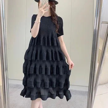 Miyake Pleated Dress for Women's 2024 Summer New Sweet and High End Style Cake Mid Length Dress for Children 1