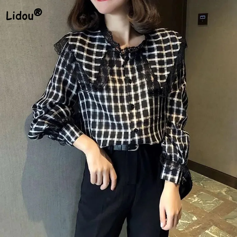 Doll Collar Plaid Printed Blouse Fashion Spring Autumn Women's Clothing Patchwork Lace Long Sleeve Single Breasted Chiffon Shirt