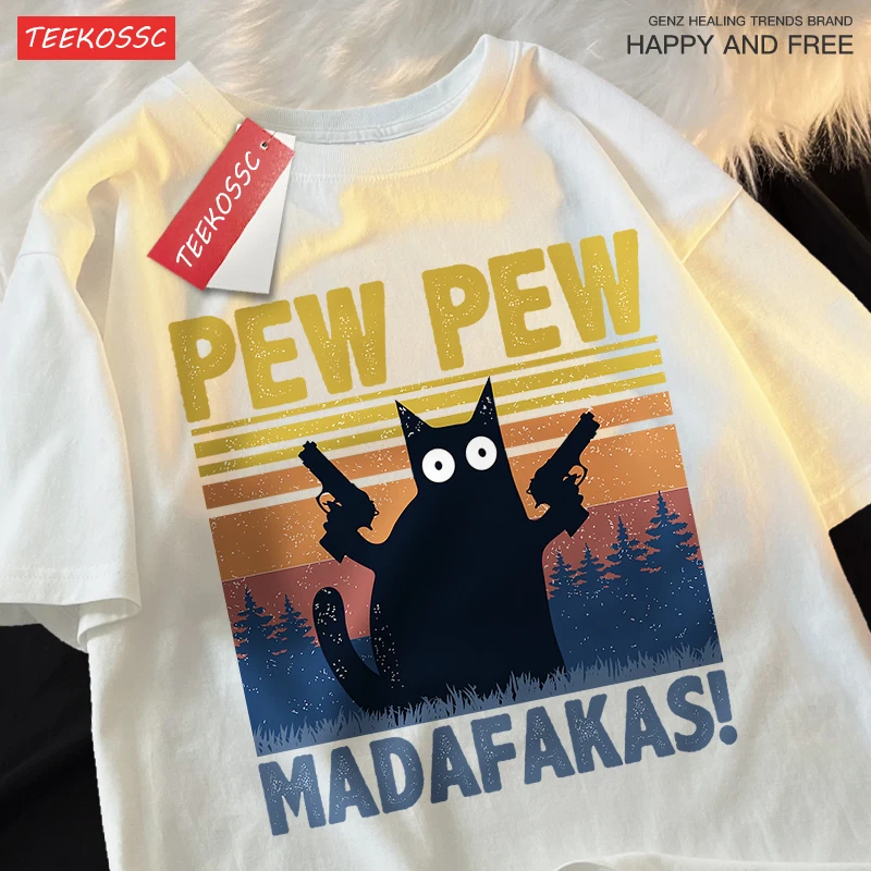 Pew Pew Madafakas Double Gun Cat Short Sleeve Oversized Breathable T Shirts Cotton Summer Clothing Street Casual Tshirt Men