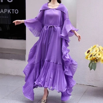 2025 Spring Miyake New Romantic Fashion Horn Sleeve Dress Loose Age Reduction Irregular Pleated Dress Women's Clothing 1