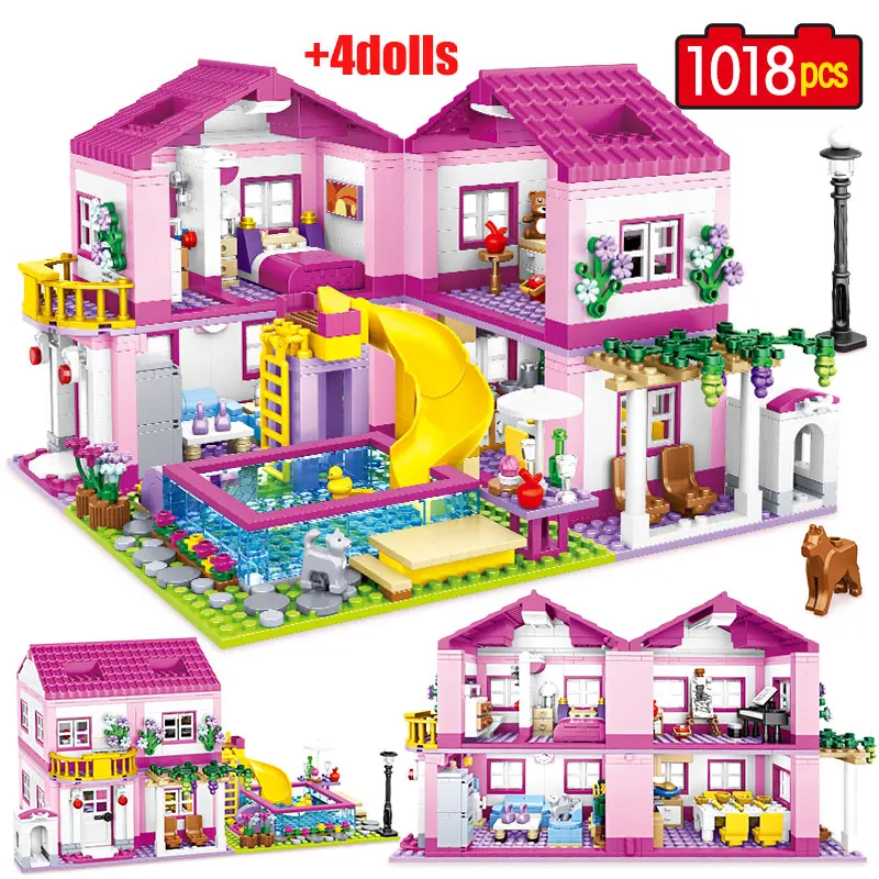 女の子のための二階建てのヴィラのビルディングブロックレンガのおもちゃ庭と花のフィギュア都市の複製3夏1018個