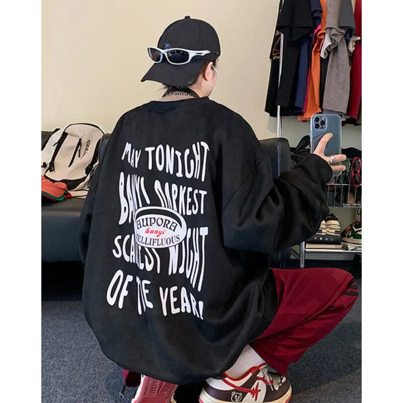

Quality Suede Sweatshirts Man Loose Urban Gothic Style Letter Printing Pullovers Street Punk Sweatshirt Male Oversized Tops