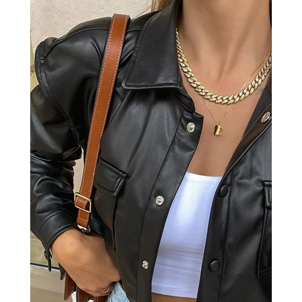 Fashion Women Pu Leather Jackets Streetwear Autumn Femme Casual Long Sleeve Turn-down Collar Cropped Coat Outfits y2k traf Cloth