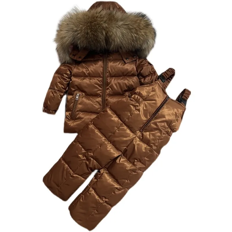 Зимний Комбинезон Дети Baby Down Jacket Set New Winter Boys And Girls Thickened Oversized Raccoon Fur Children's Ski Suit