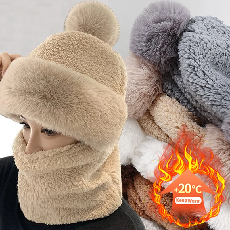 

Winter Warm Beanie Scarf Set Hooded for Women Fur Cashmere Neck Russia Outdoor Ski Windproof Hat Thick Plush Fluffy Beanies