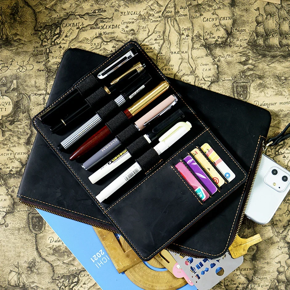 Large-capacity Pen Book All-in-one Zipper Pen Bag Retro Pen Pouch Crazy  Horse Leather Pencil Bag for School Students Stationery