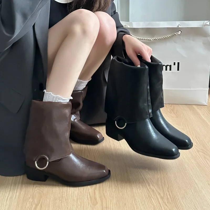 2025 New Winter Vintage Women Knee High Boot Concise Slip on Thick Heel Shoes Square Toe Knight Long Booties